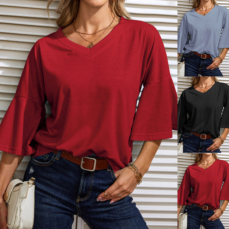 Plain V-neck flared T-shirt