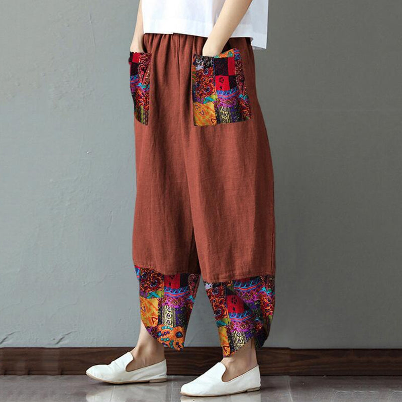 Printed cCtton and Linen Wide-leg Pants