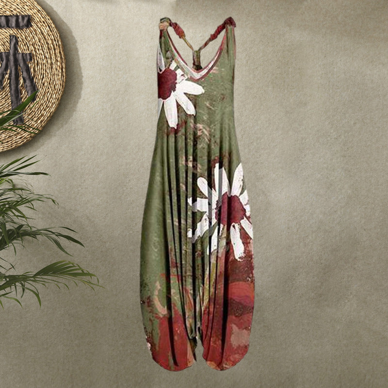 Women Summer Pattern Sleeveless Harem Jumpsuit