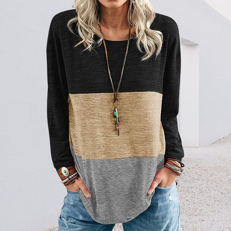Round Neck Pullover Contrast Long Sleeve T-Shirt