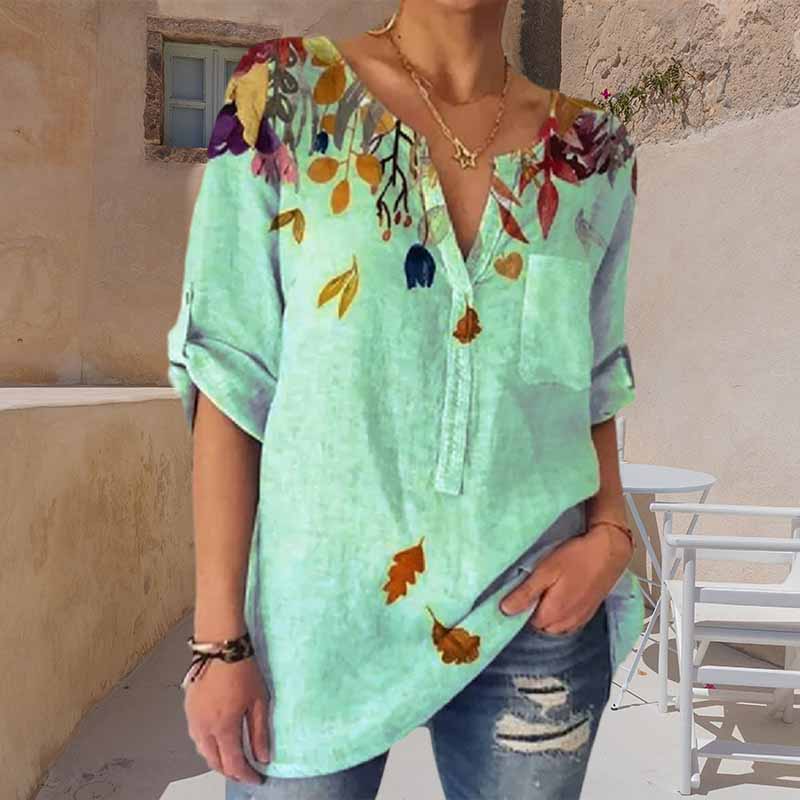 Loose Print V-Neck 3/4 Sleeve Shirt