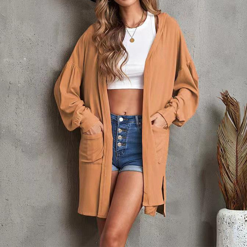 Long Pocket Hoodie Solid Color Long Sleeve Cardigan