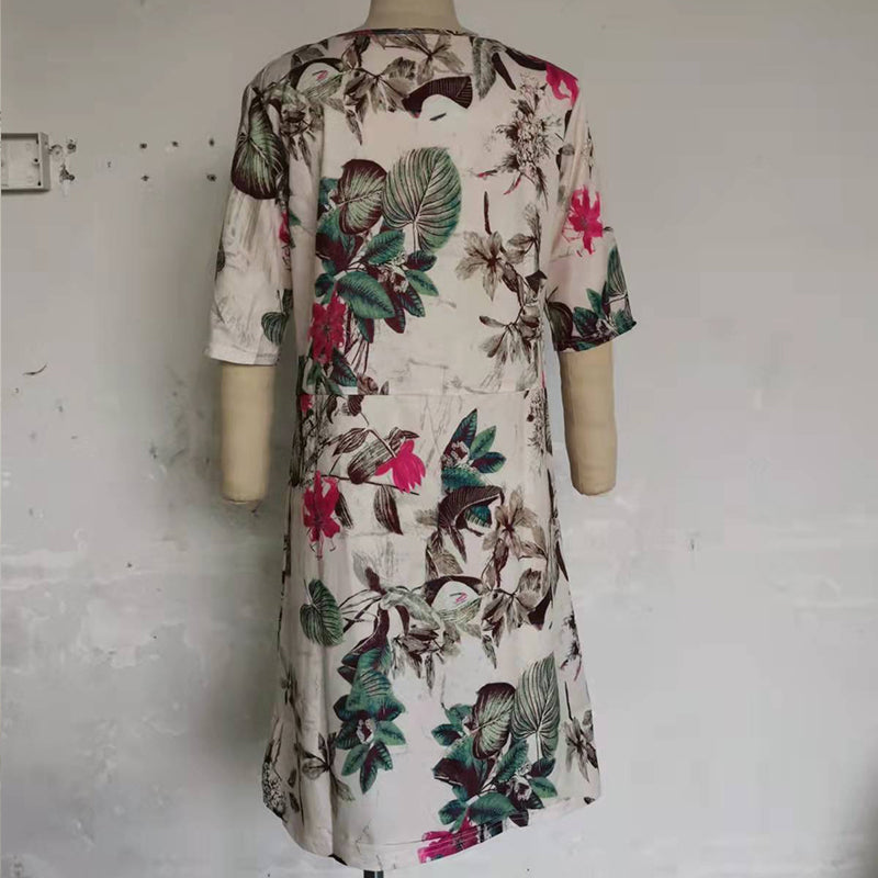 Floral Print Split O-neck Half Sleeve Casual Cotton Dress