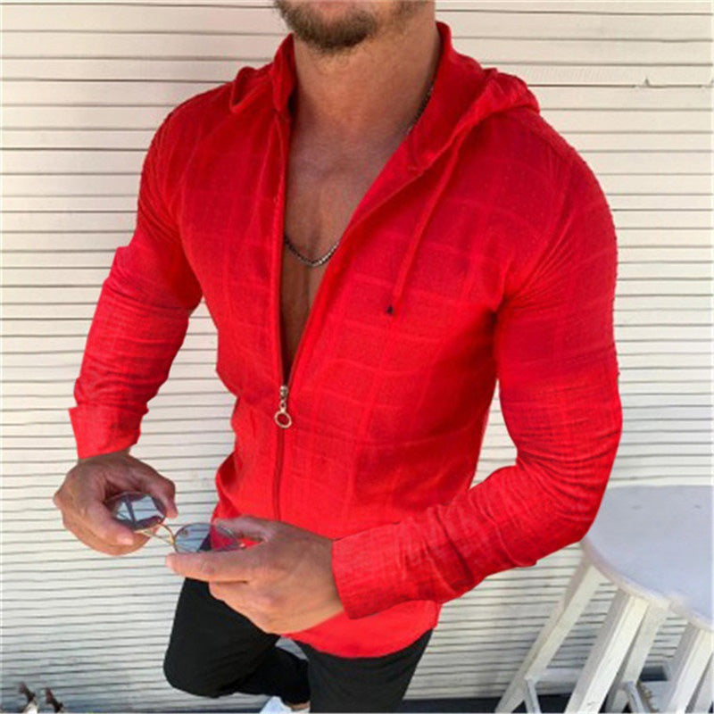 Casual Long-sleeved Shirt Hooded Fitting Cardigan Zipped Cardigan Shirt