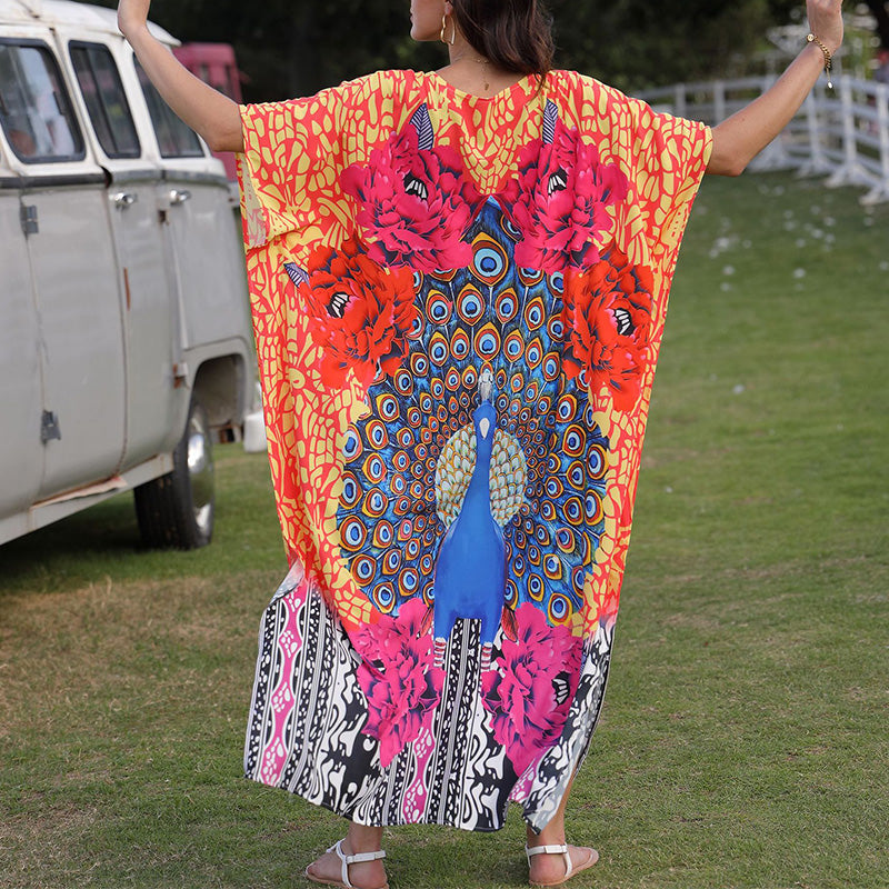 V-Neck Beach Dress With Peacock Print