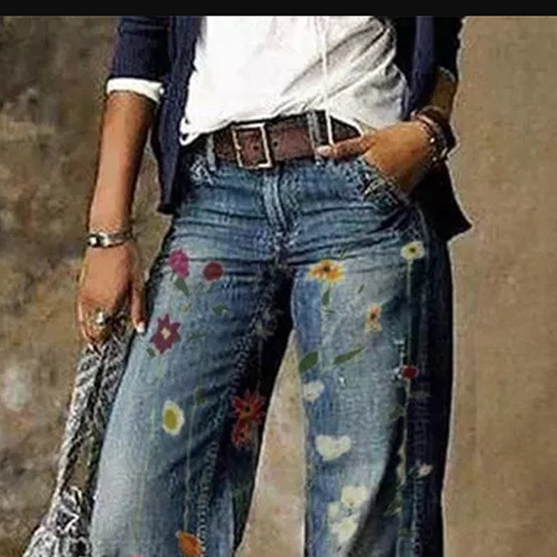 Women's Printed Wide Leg Denim Pants