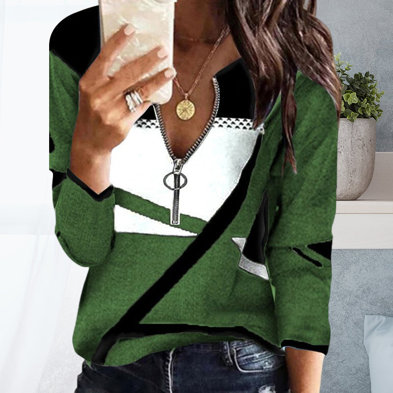 Women's Colorblock V-Neck Zip-Up Casual Sweatshirt