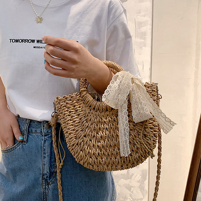 Fashion Ring Handle Straw Bag