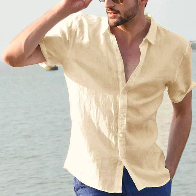 Linen Lapel Solid Color Short Sleeve Shirt