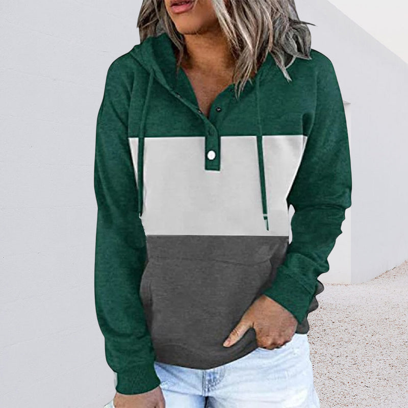 Ladies Colorblock Fleece V-Neck Hooded Drawstring Pullover Sweatshirt