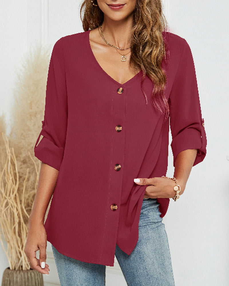 Solid V-Neck Button-Up Shirt