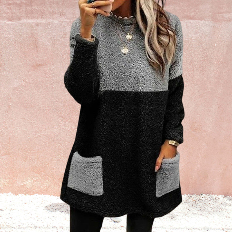 Round Neck Panels Pockets Long Sleeves Suede Sweatshirt