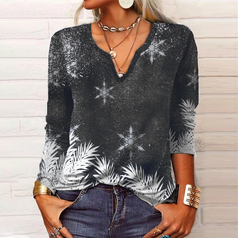 Long Sleeve Floral Christmas V-Neck Button T-Shirt