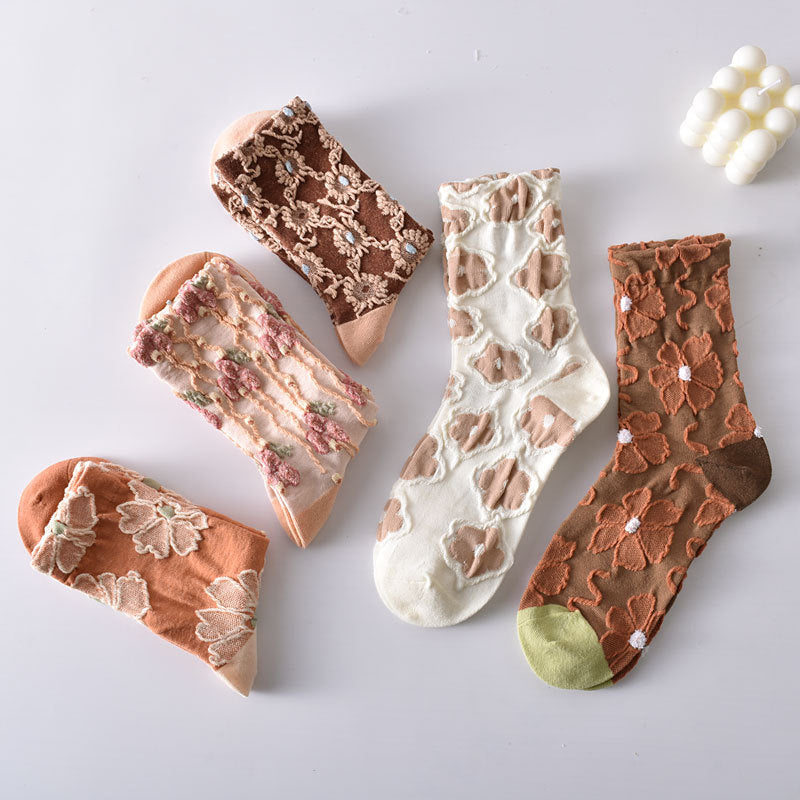 Women's Elegant Embossed Floral Cotton Socks