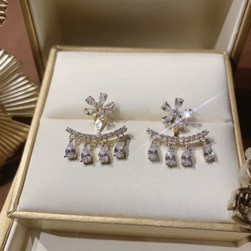 Flower Zircon Tassel Stud Earrings