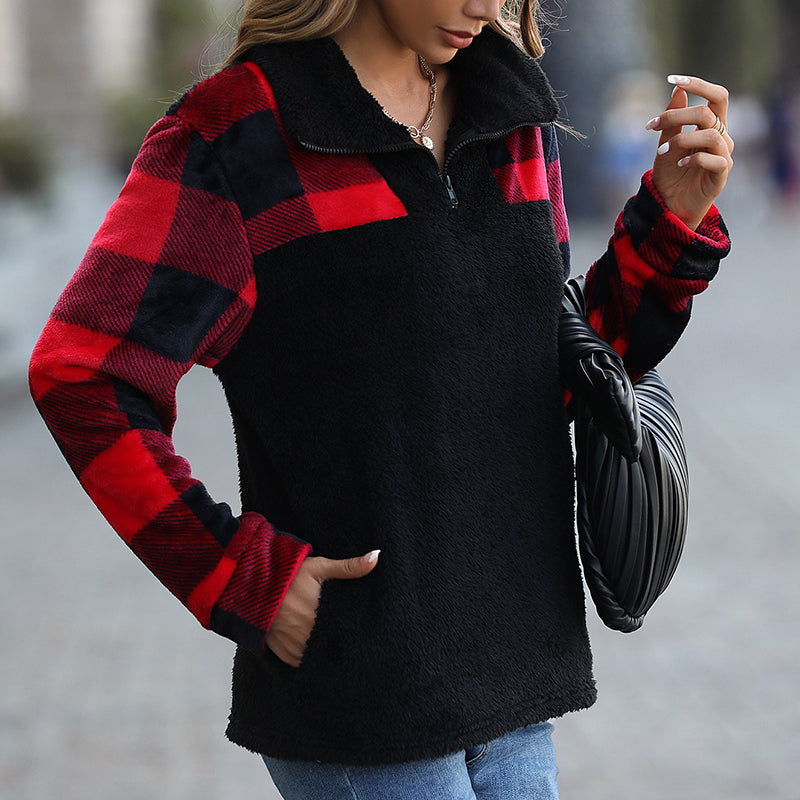Women's Long Sleeve Top Plaid Quarter Zip Sweatshirt