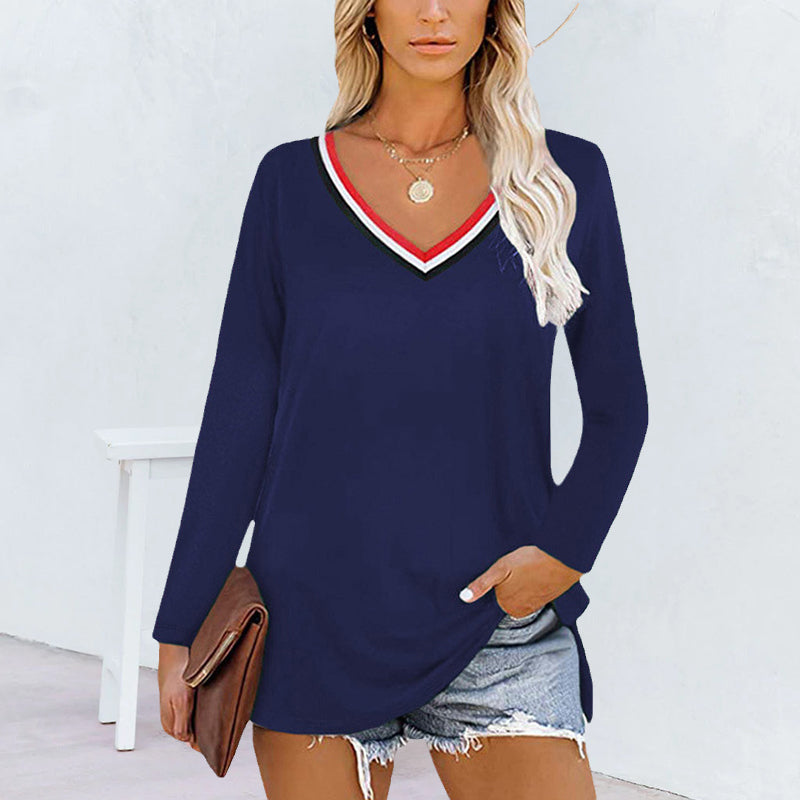 Striped Panel V-Neck Long Sleeves