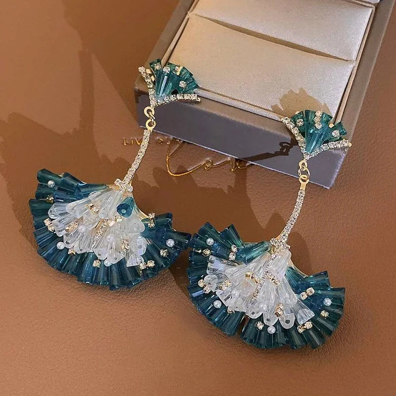 Diamond Encrusted Crystal Fan-Shaped Ginkgo Leaf Earrings