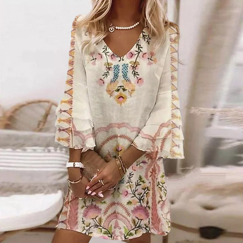 Watercolor Floral Print Ruffle Sleeves Mini Dress