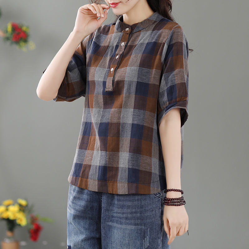 Vintage Plaid Lantern Sleeve Top