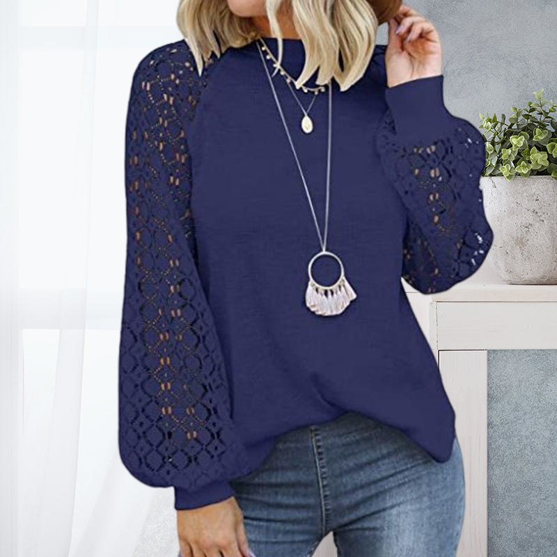 Round Neck Long Sleeve Lace Panel Loose T-Shirt