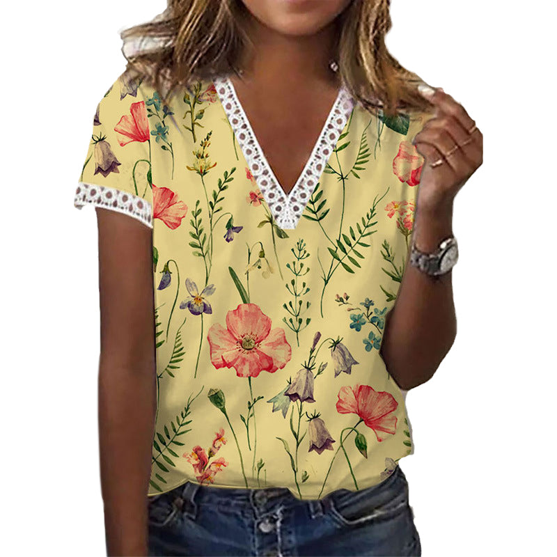 Floral Print Lace Patchwork Blouse