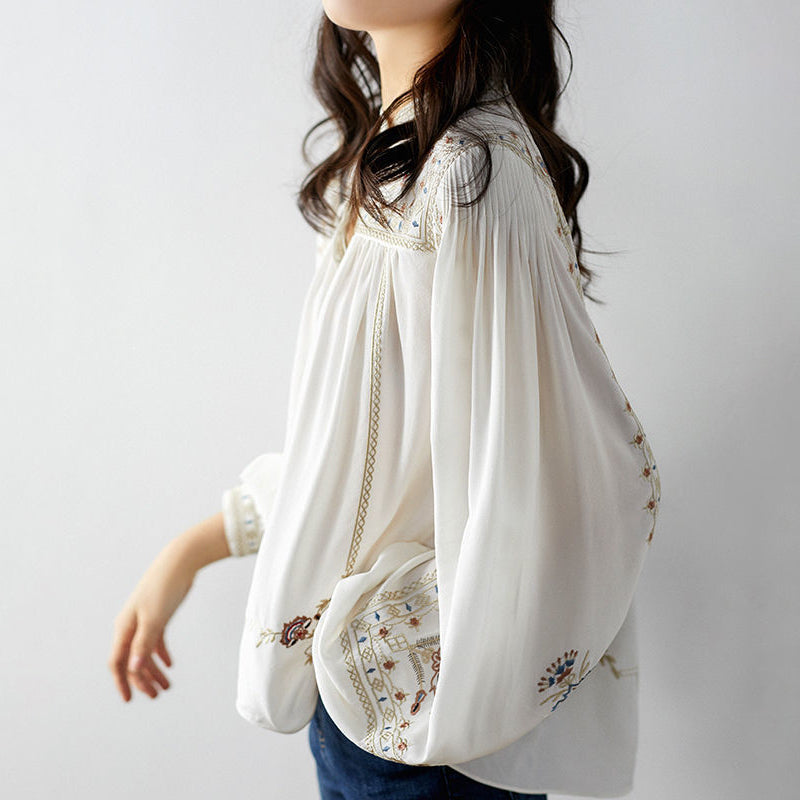 Elegant White Top Quality Embroideried Chiffon Blouse