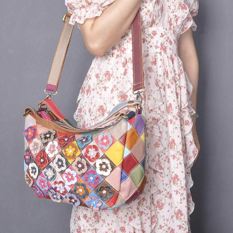 Multi-Color Floral Genuine Leather Boston Bag