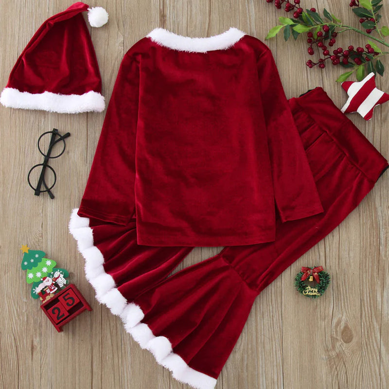 3 piece set of teddy top and flare pants in cute red velvet with Christmas theme