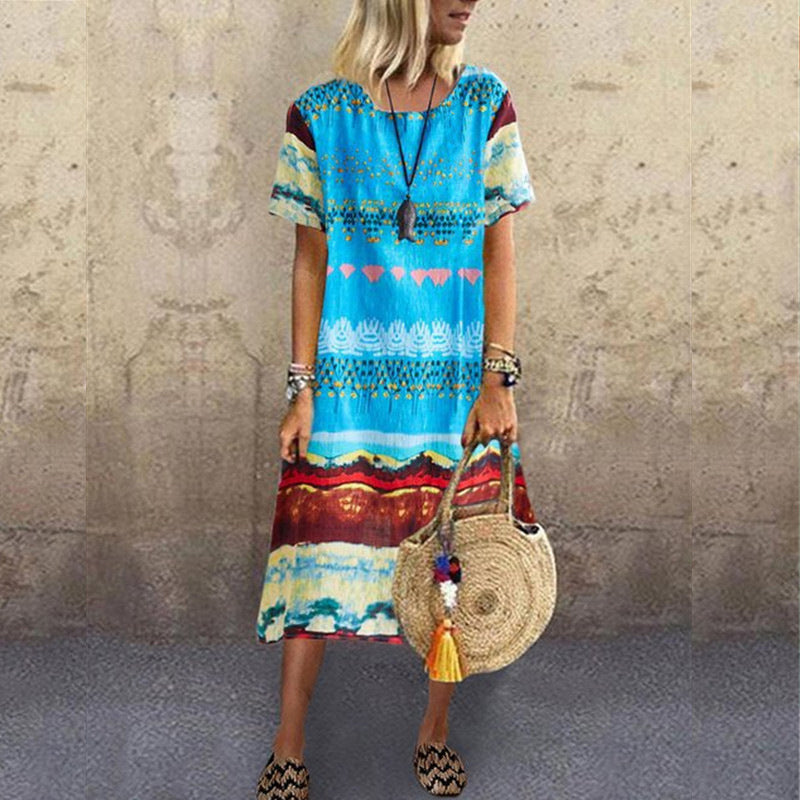 Vintage Ethnic Print Round Neck Dress