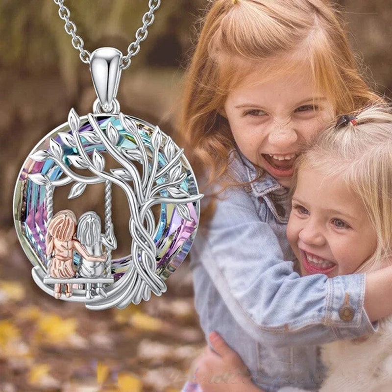 Tree of Life Sister on the Swing Crystal Pendant Necklace