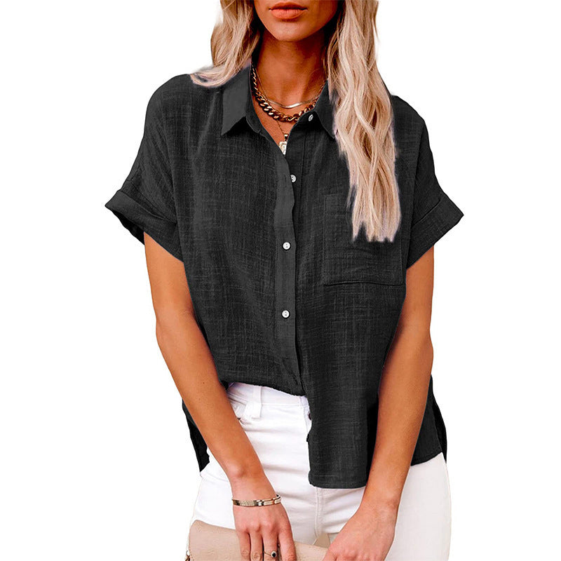 Women's Solid Color Pocket Short Sleeve Cotton Linen Shirt