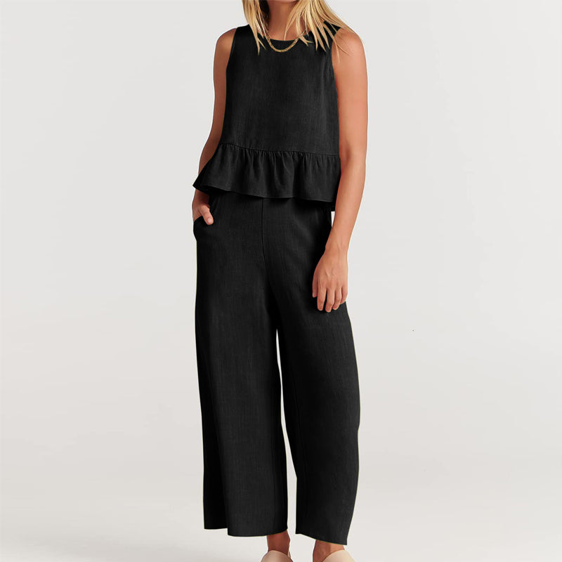 Women Sleeveless pleated tank top wide leg pants set