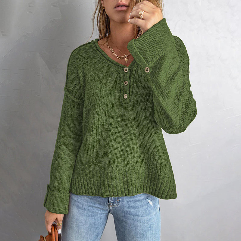 Button Knit Dropped Shoulder Sweater