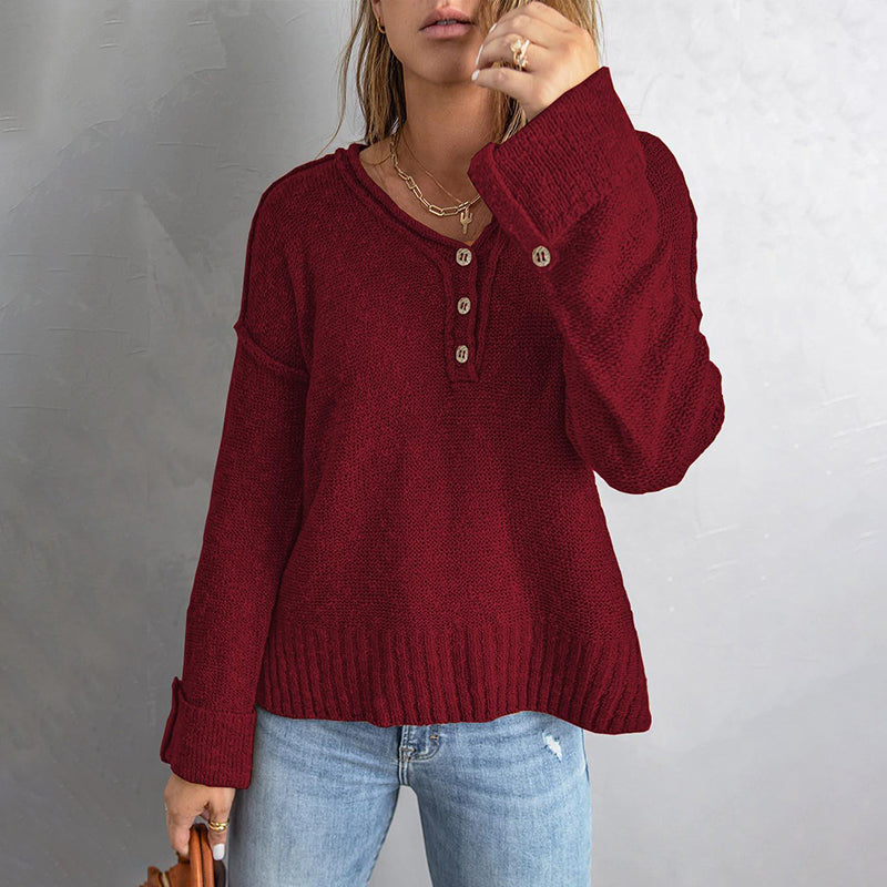 Button Knit Dropped Shoulder Sweater