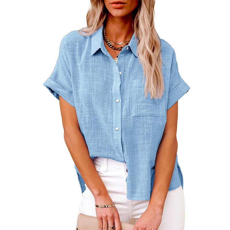Women's Solid Color Pocket Short Sleeve Cotton Linen Shirt