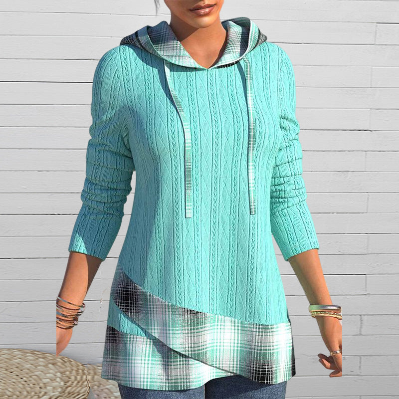 Hooded Plaid Knit Top