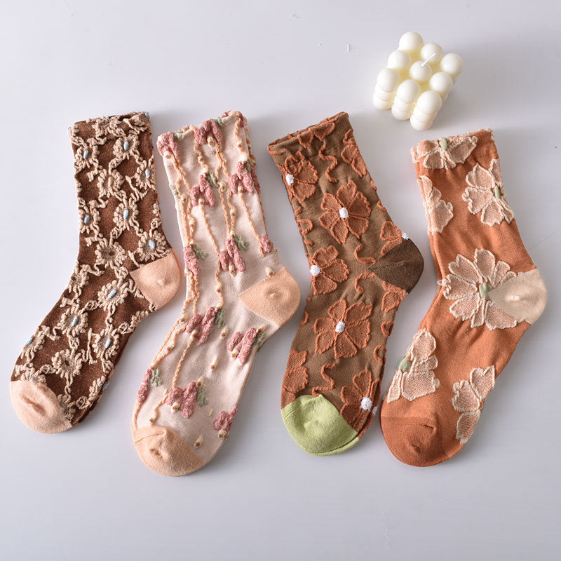 Women's Elegant Embossed Floral Cotton Socks