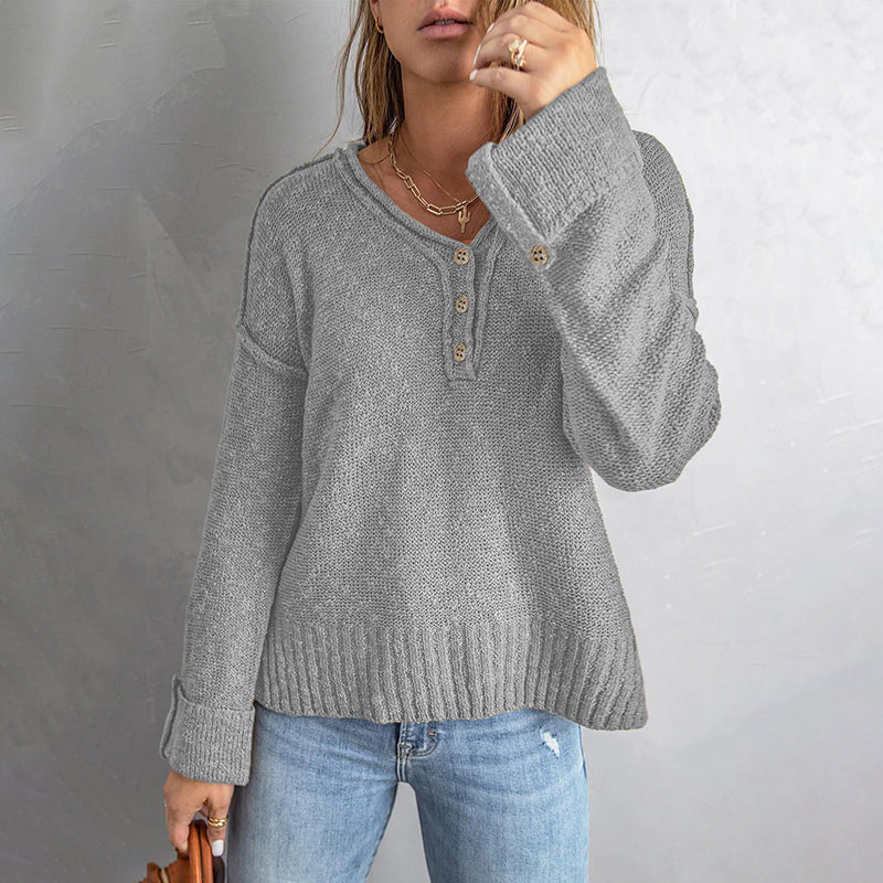 Button Knit Dropped Shoulder Sweater