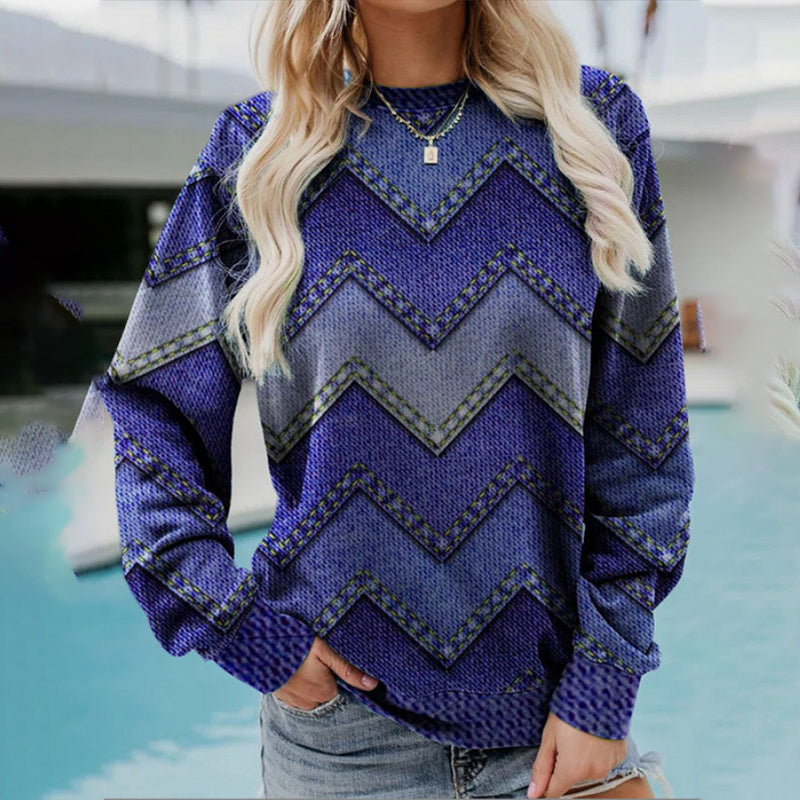 Women's Wavy Denim Print Casual Long Sleeve Sweater