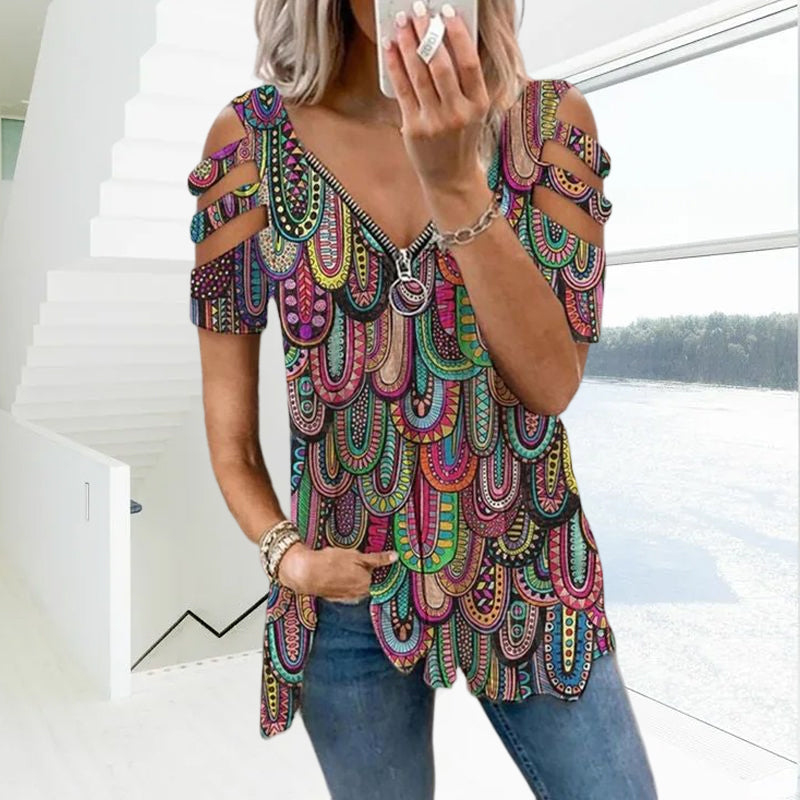 Zip V-neck Print T-shirt