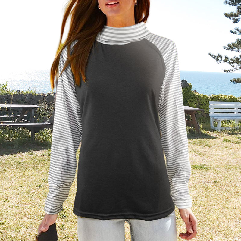 Paneled Long Sleeves Stacked Collar Striped Sweatshirt