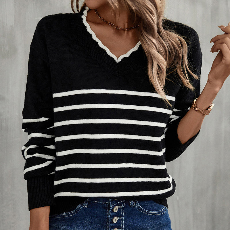 V-Neck Striped Knit Sweater