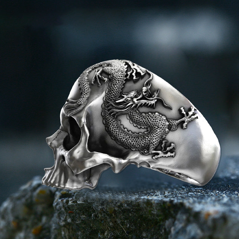 925 Silver Skull And Dragon Ring