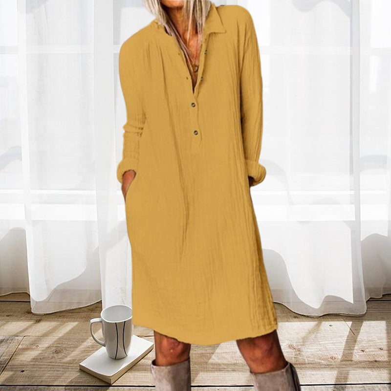 Solid Color Lapel Long Sleeve Dress