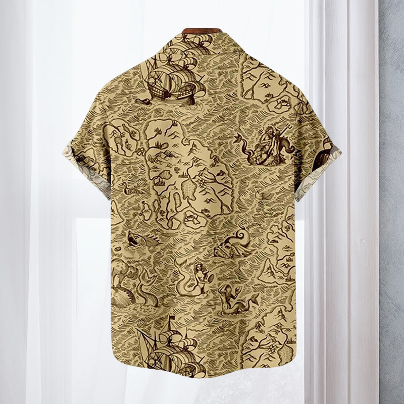 Men's Casual Vintage Map Printed Large Shirt