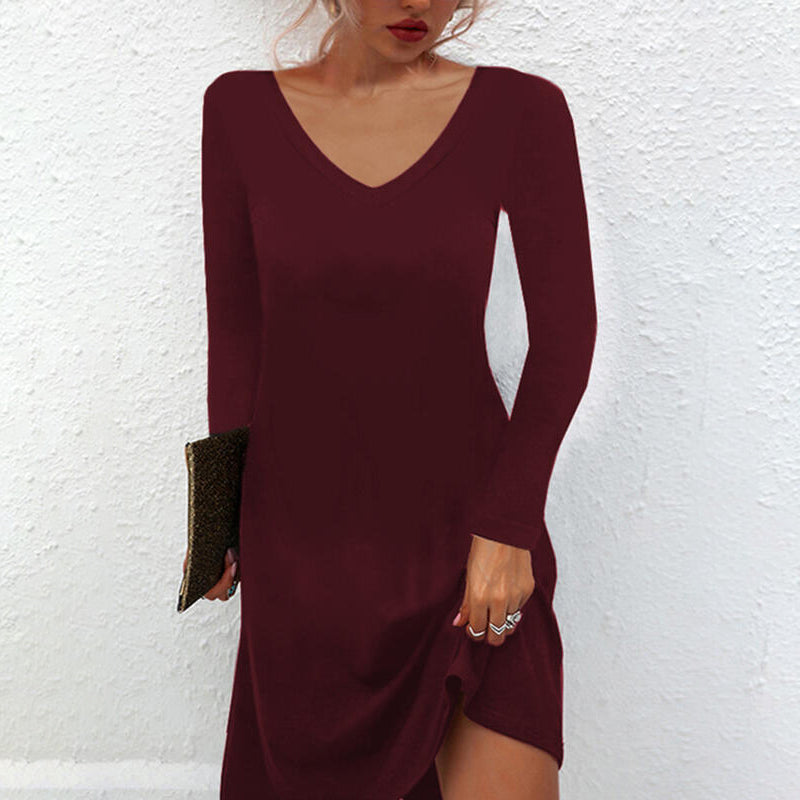 Solid Color Casual Deep V Dress