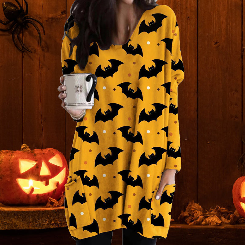 Halloween Cat Pumpkin Long Sleeve Dress