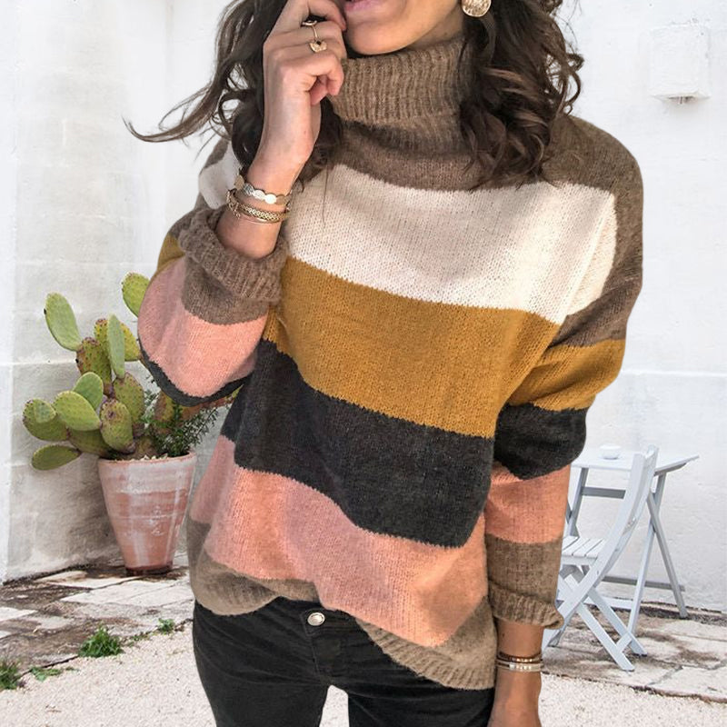 High-neck Paneled Knitted Striped Sweater