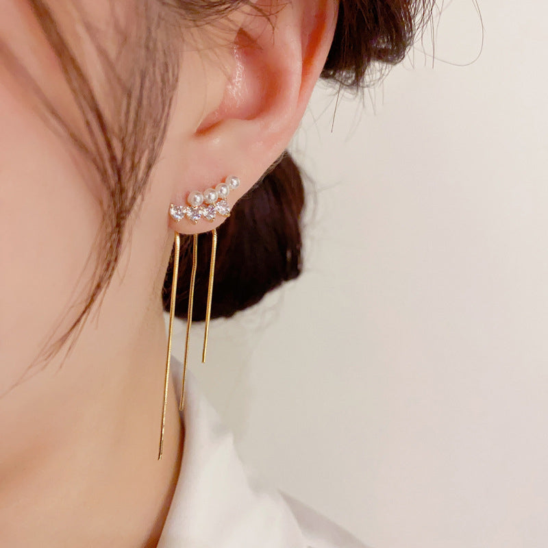 Simple Peral Curved Two-way Tassel Stud Earring